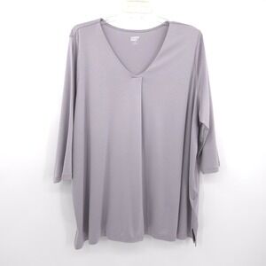 Lands' End womens pleat front tunic top Size 3X gray 3/4 sleeve stretch V-neck
